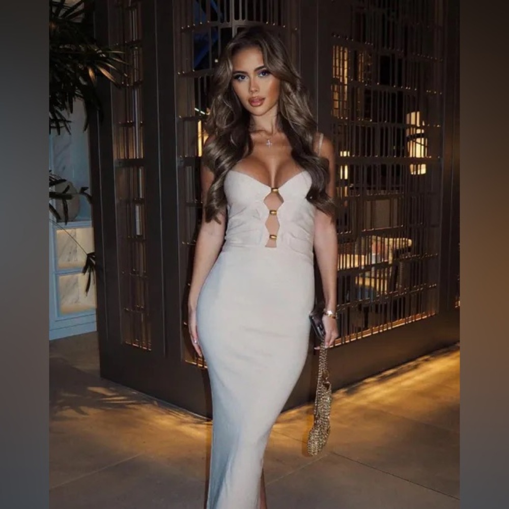 White Fox Boutique Break it Off Nude Oat Maxi Dress with Gold Ring Accents